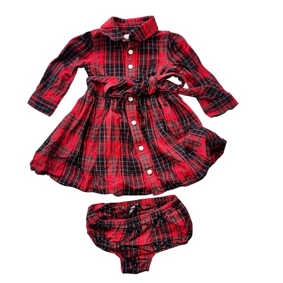 Ralph Lauren baby girl holiday flannel cotton buffalo check black red button tie - Picture 2 of 6